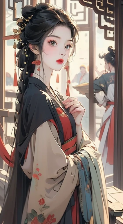 best quality, masterpiece, Ultra-high resolution, (Reality: 1.4),, 1 Girl, Chinese Hanfu,Black hair and black pupils,Black cape,Chinese courtyard,antiquity,Movie Lighting