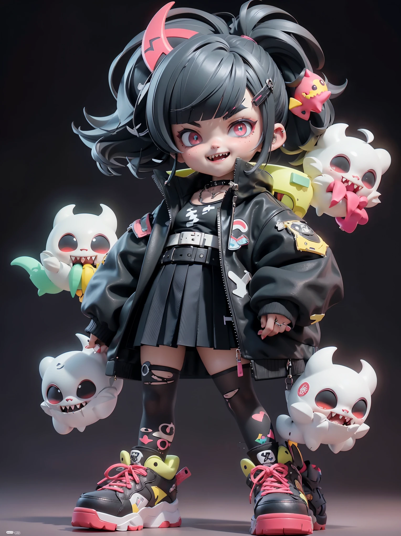1 Transparent plastic wrapped cute girl, Red Cliff, bright blue hair, ((Short to medium hair)), ((Messy hair)), (short hair), (((Messy hair))), ((Large size short double ponytail)), ((Oblique bangs)), Yellow eyes, ((x-shaped pupils)), ((thick eyebrows)), Fangs out, open mouth, (((to grin, Fangs))), ((Black short-sleeved shirt)), ((Black pleated skirt)), Spiked necklace, Spiked Leg Ring, Black shoes, Yellow belt, ((no jacket)), Bright colors, Simple bright background, 3D Toys, Cyberpunk style, Cinema 4D, Octane Rendering, 3D Model, Collectible Toys, Clay people, Street style, big shoes, fashion, close up, and dark theme, whole body, Pixar