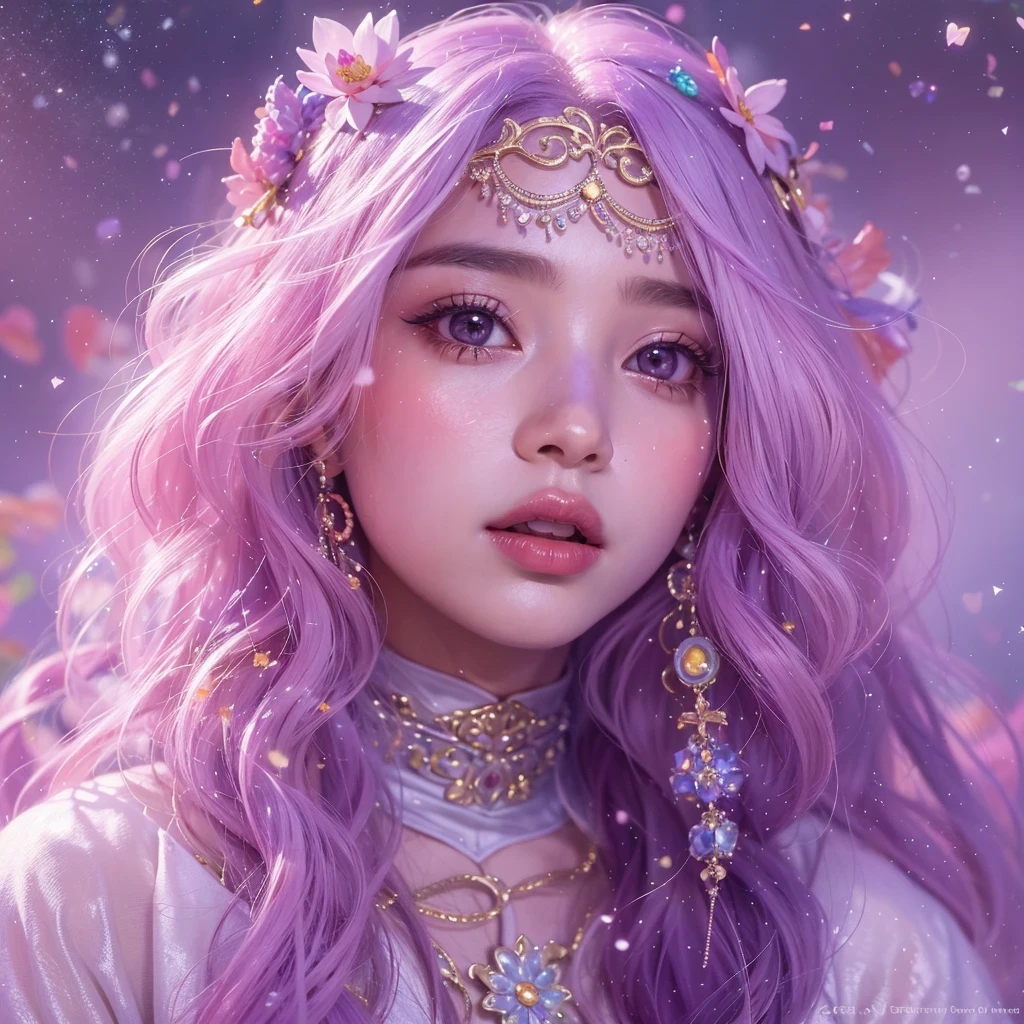 （（（Single eyelid）））Snow hoop exclusion area 32K（tmasterpiece，k hd，hyper HD，32K）Long flowing purple-pink hair，Autumn Pond，zydink， a color， Tongzhou people （Girl with glowing eyes）， （Thin silk scarf）， Side squat position， looking at the ground， long whitr hair， Floating hair， Python headdress， Chinese long-sleeved clothing， （abstract ink splash：1.2）， white backgrounid，Lotus protector（realisticlying：1.4），Purple-pink hair，Snowflakes fluttering，The background is pure， A high resolution， the detail， RAW photogr， Sharp Re， Nikon D850 Film Stock Photo by Jefferies Lee 4 Kodak Portra 400 Camera F1.6 shots, Rich colors, ultra-realistic vivid textures, Dramatic lighting, Unreal Engine Art Station Trend, cinestir 800，Long flowing purple-pink hair，((masterpiece)). This artwork is sweet, dreamy and ethereal, with soft pink watercolor hues and candy accents. Generate a delicate and demure fae exploring a (bubblegum world with a wide variety of pastel shades). Her sweet face is extremely detailed and realistic with elegant features and a fierce expression, and looks like ((((naomi scott)))). Include mature features and stunning, highly realistic eyes. Her eyes are important and should be realistic, highly detailed, and beautiful. In high definition and detail, include lots of details like stars, galaxies, colorful bubbles, colorful petals, and lots of energy and emotion! The stars and colorful bubblegum bubbles are important! Include fantasy details, enhanced details, iridescence, colorful glittering wind, and pollen. Pay special attention to her face and make sure it is beautifully and realistically detailed. The image should be dreamy and ethereal.8k, intricate, elegant, highly detailed, majestic, digital photography