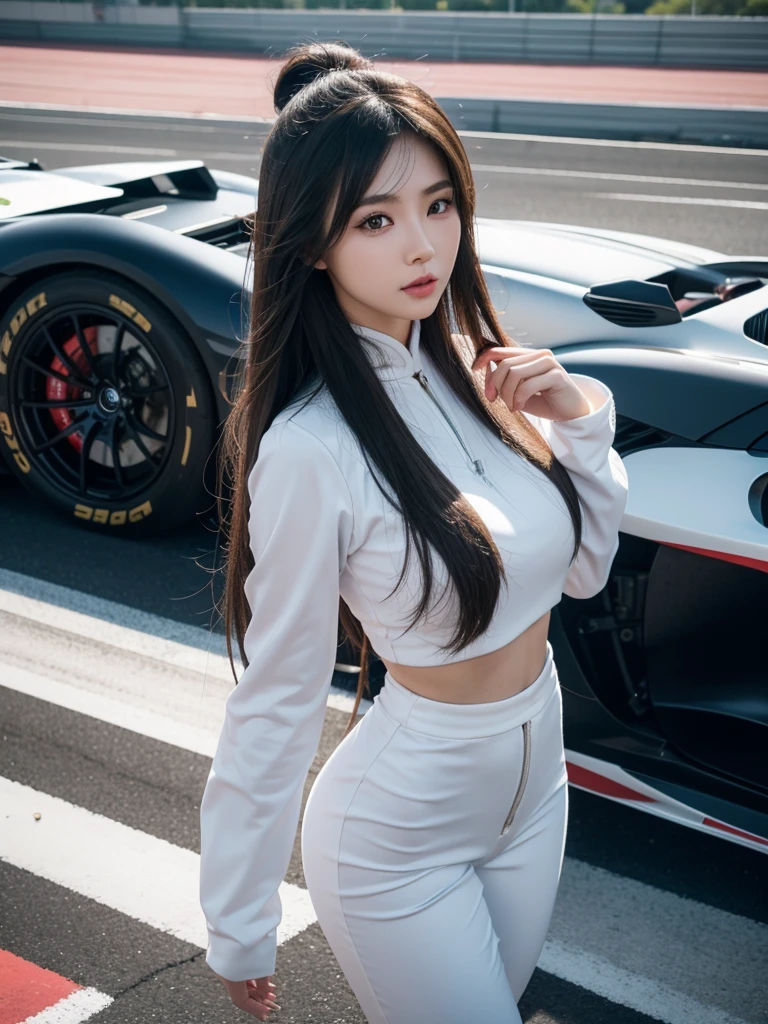 Tzuyu 1, woman, (Realistic), (Hyperrealism), (photoRealistic), Written boundary depth, eye make up:0.7 (whole body:1.2), (Large Bust),(Tight waist), Observe the audience,In the pits of a race track, Race Queen, A sexy dress with open shoulders and neckline