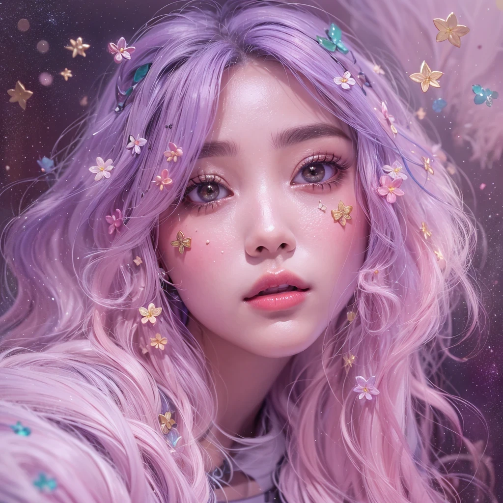 （（（Single eyelid）））Snow hoop exclusion area 32K（tmasterpiece，k hd，hyper HD，32K）Long flowing purple-pink hair，Autumn Pond，zydink， a color， Tongzhou people （Girl with glowing eyes）， （Thin silk scarf）， Side squat position， looking at the ground， long whitr hair， Floating hair， Python headdress， Chinese long-sleeved clothing， （abstract ink splash：1.2）， white backgrounid，Lotus protector（realisticlying：1.4），Purple-pink hair，Snowflakes fluttering，The background is pure， A high resolution， the detail， RAW photogr， Sharp Re， Nikon D850 Film Stock Photo by Jefferies Lee 4 Kodak Portra 400 Camera F1.6 shots, Rich colors, ultra-realistic vivid textures, Dramatic lighting, Unreal Engine Art Station Trend, cinestir 800，Long flowing purple-pink hair，((masterpiece)). This artwork is sweet, dreamy and ethereal, with soft pink watercolor hues and candy accents. Generate a delicate and demure fae exploring a (bubblegum world with a wide variety of pastel shades). Her sweet face is extremely detailed and realistic with elegant features and a fierce expression, and looks like ((((naomi scott)))). Include mature features and stunning, highly realistic eyes. Her eyes are important and should be realistic, highly detailed, and beautiful. In high definition and detail, include lots of details like stars, galaxies, colorful bubbles, colorful petals, and lots of energy and emotion! The stars and colorful bubblegum bubbles are important! Include fantasy details, enhanced details, iridescence, colorful glittering wind, and pollen. Pay special attention to her face and make sure it is beautifully and realistically detailed. The image should be dreamy and ethereal.8k, intricate, elegant, highly detailed, majestic, digital photography