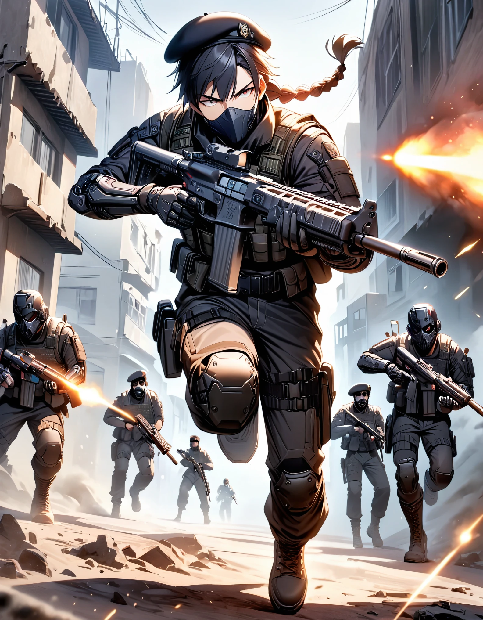 masterpiece, best quality, 1boy, male focus, age 23-29, japanese, belt, beret, black hair, medium hair, bottleneck bangs, braid, hazel eyes, gloves, gun, hat, mask, military, black tactical uniform, mouth mask, pants, combat boots, (mechanical, mechanical arm, right arm), assault rifle, solo, solo focus, black tactical mask, tactical vest, drop-down pistol holster, weapon, snowy war zone, serious, dynamic action pose, firing weapon, holding gun, aiming gun, firing gun, serious, danger atmosphere, full body with costume