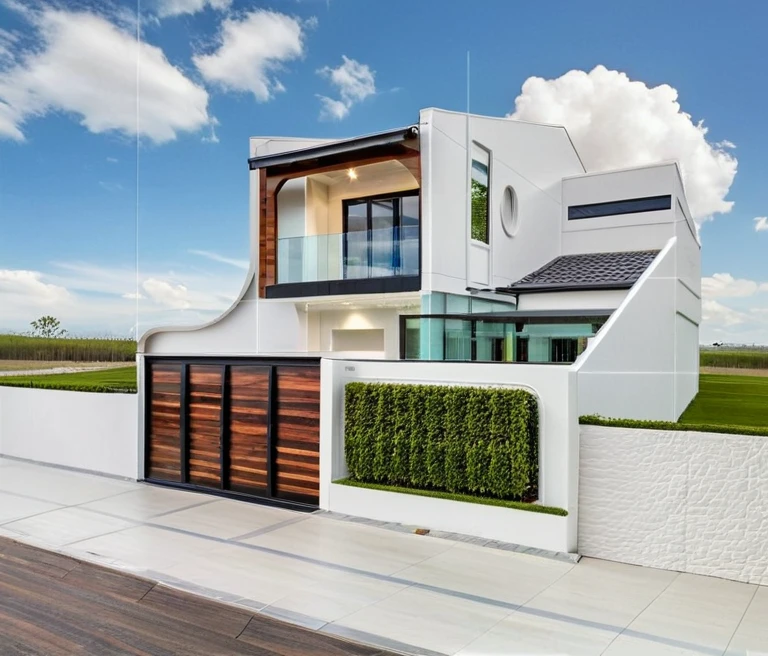 exterior house, contemporary style, white wall, wood wall, wood door, glass window, (realistic:1.2), Masterpiece, high quality, best quality, authentic, super detail, outdoors,road,pavement, grass, trees, sky, cloud, (daylight:1.1)
