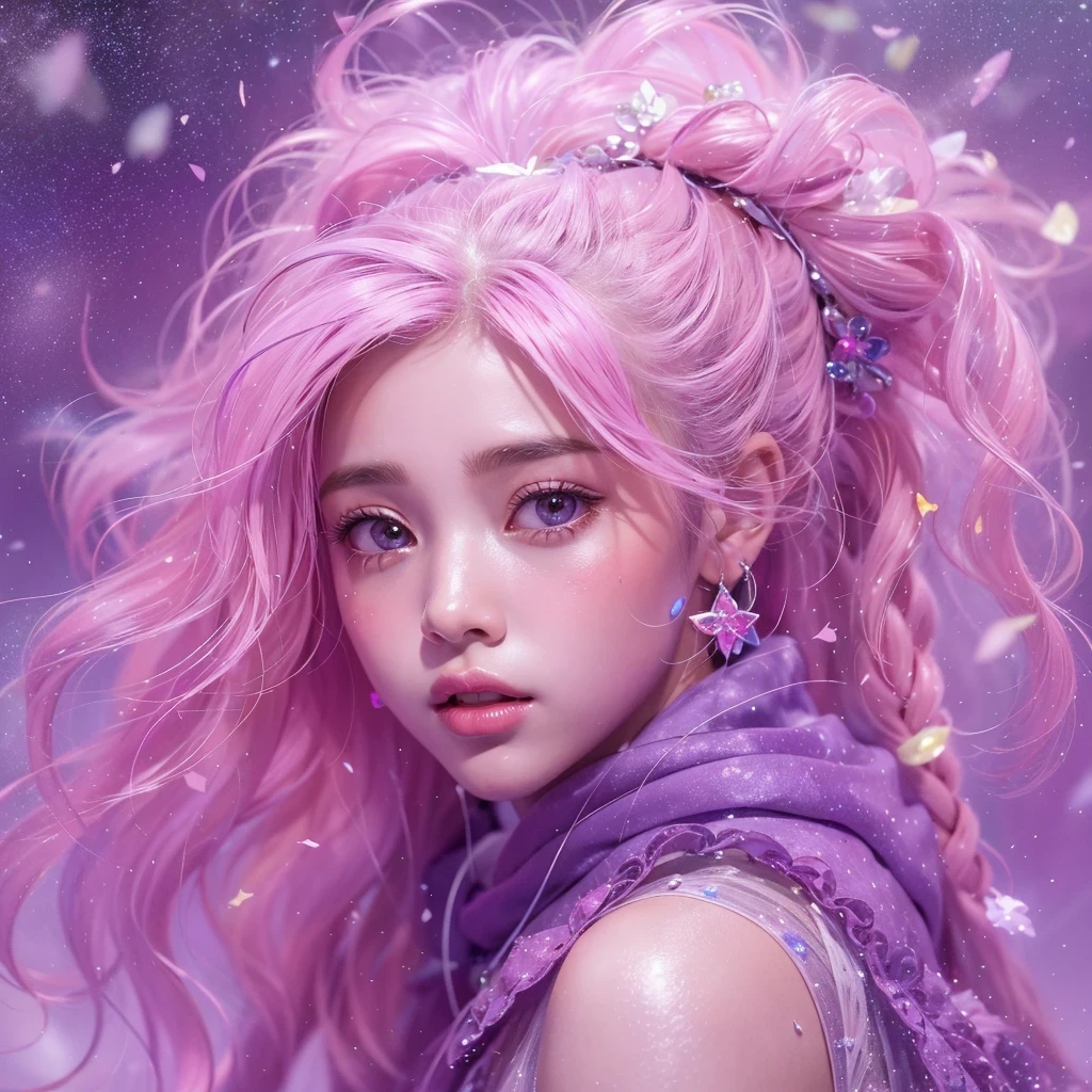 (((Single eyelid)))Snow hoop exclusion area 32K(tmasterpiece,k hd,hyper HD,32K)Long flowing purple-pink hair,Autumn Pond,zydink, a color, Tongzhou people (Girl with glowing eyes), (Thin silk scarf), Side squat position, looking at the ground, long whitr hair, Floating hair, Python headdress, Chinese long-sleeved clothing, (abstract ink splash:1.2), white backgrounid,Lotus protector(realisticlying:1.4),Purple-pink hair,Snowflakes fluttering,The background is pure, A high resolution, the detail, RAW photogr, Sharp Re, Nikon D850 Film Stock Photo by Jefferies Lee 4 Kodak Portra 400 Camera F1.6 shots, Rich colors, ultra-realistic vivid textures, Dramatic lighting, Unreal Engine Art Station Trend, cinestir 800,Long flowing purple-pink hair,((masterpiece)). This artwork is sweet, dreamy and ethereal, with soft pink watercolor hues and candy accents. Generate a delicate and demure fae exploring a (bubblegum world with a wide variety of pastel shades). Her sweet face is extremely detailed and realistic with elegant features and a fierce expression, and looks like ((((naomi scott)))). Include mature features and stunning, highly realistic eyes. Her eyes are important and should be realistic, highly detailed, and beautiful. In high definition and detail, include lots of details like stars, galaxies, colorful bubbles, colorful petals, and lots of energy and emotion! The stars and colorful bubblegum bubbles are important! Include fantasy details, enhanced details, iridescence, colorful glittering wind, and pollen. Pay special attention to her face and make sure it is beautifully and realistically detailed. The image should be dreamy and ethereal.8k, intricate, elegant, highly detailed, majestic, digital photography
