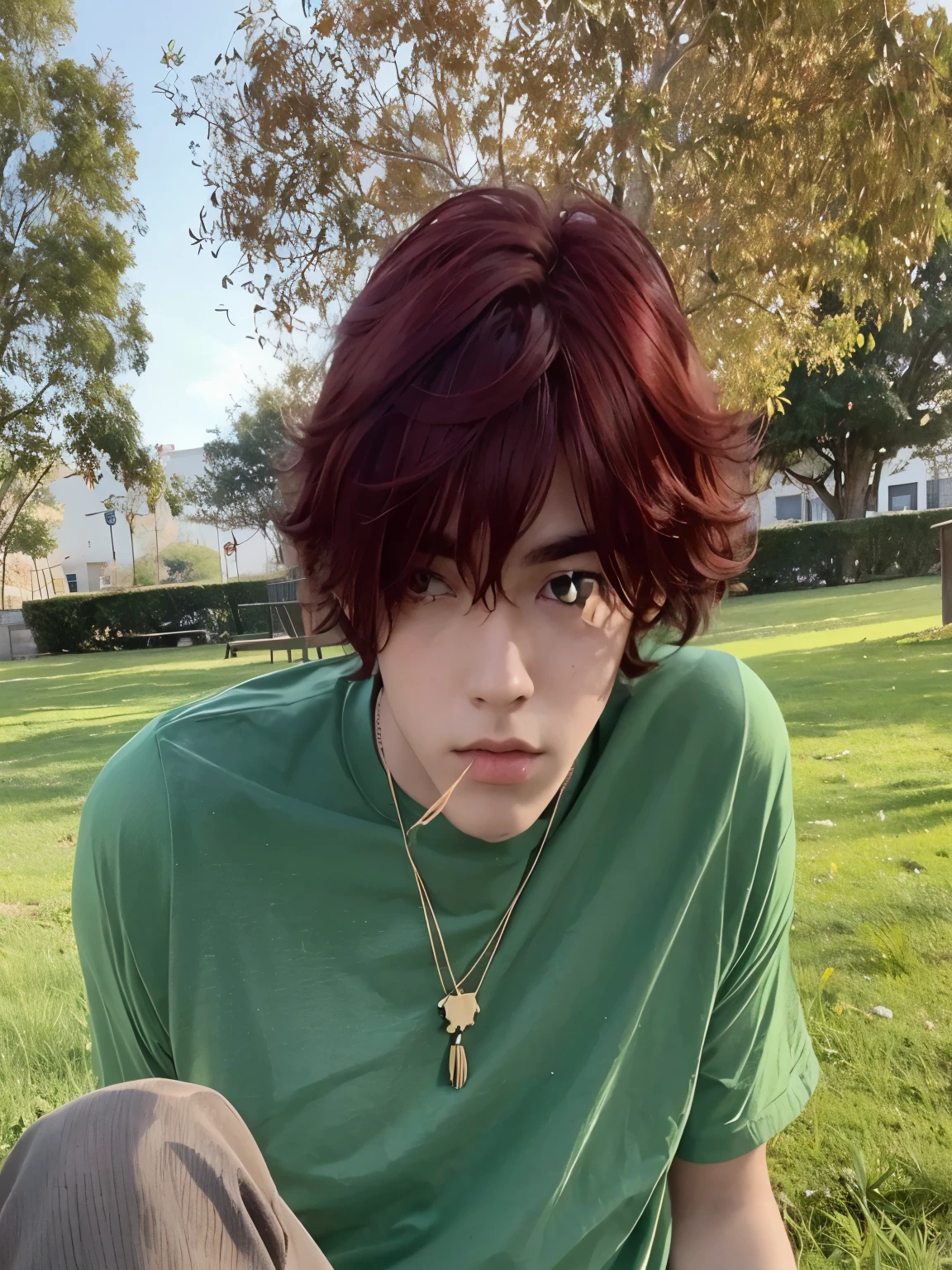 arafed boy Con cabello rojo sitting on the grass in a park, Con cabello rojo, Dyed Red Hair, he has short curly brown hair, cabello rojo con puntas desordenadas, con pelo rojo rizado, crimson red hair and red eyes, Con cabello rojo and green eyes, con pelo rojizo oscuro, with brown hair, con el pelo largo y rojo, foto de perfil, declan mckenna