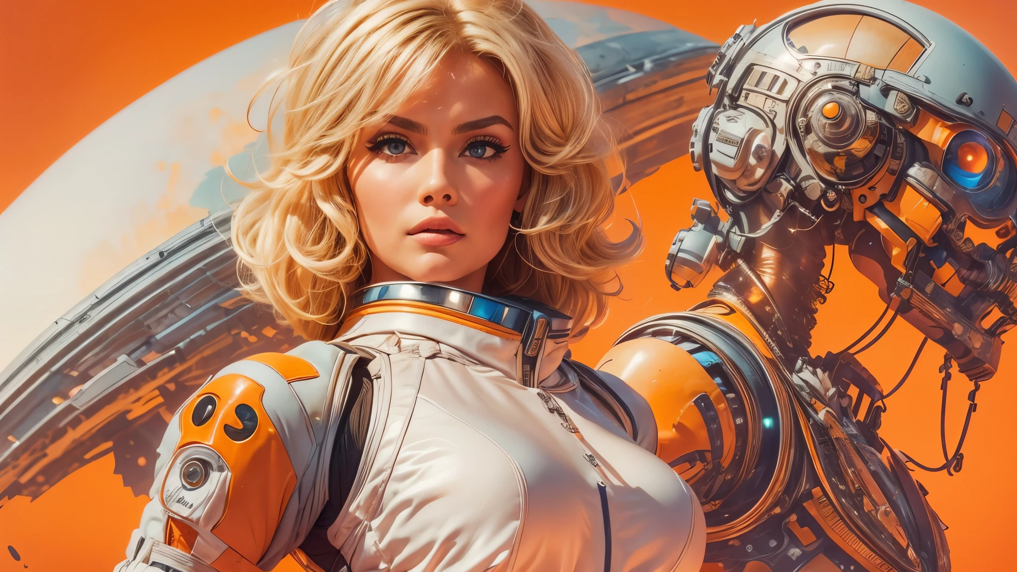 arafed image of a white woman in a futuristic suit with a spaceship in the background, movie art, in front of an orange background, inspired by Robert McGinnis, female protagonist, megastructure in the background, portrait of an ai astronaut, astronauts, an astronaut, portrait of a astronaut skeletor, perfect android girl, detailed eyes, perfectly detailed teeth, frank franzzeta and sakimichan  