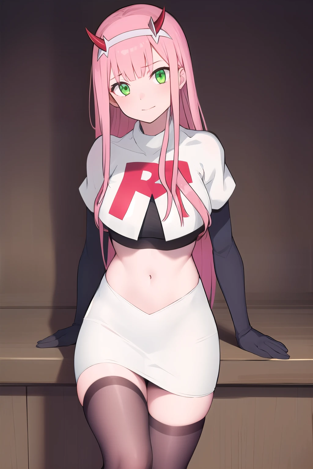 zero two \(darling in the franxx\), darling in the franxx, 1girl, ascot, bangs, green eyes, hairband, horns, long hair, looking at viewer, oni horns, pink hair, red horns, solo, team rocket,team rocket uniform,white skirt,red letter R,crop top,black thigh-highs, white hairband, ((masterpiece))