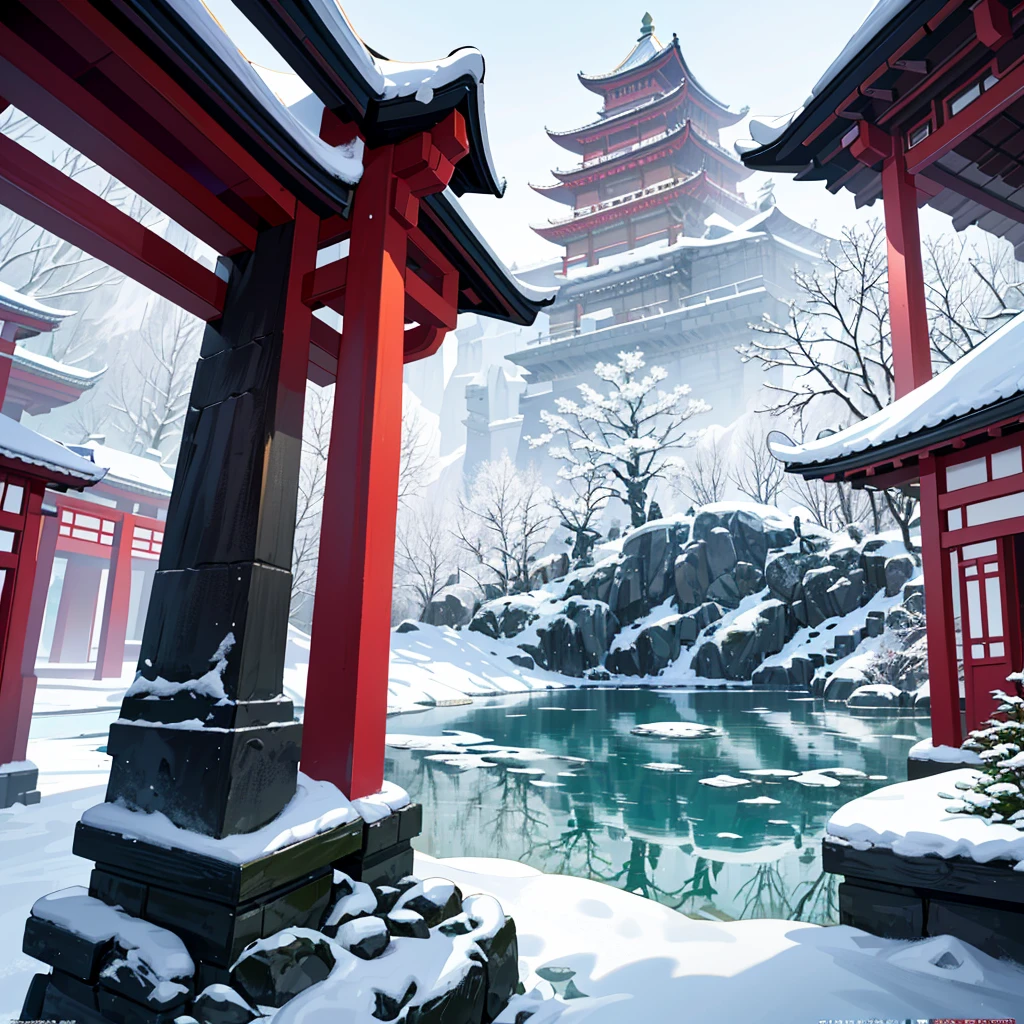 Ancient Chinese architecture, Cool colors, A snow-white world, garden,Heavy snow in winter，snow, lake, Stone Bridge, rockery, arch, corner, Tree, Tap water, landscape, outdoor, Fall, Grass, rock, dense teeth, (illustration: 1.0) , Epic creation, High-resolution details, masterpiece, best quality, (Very detailed CG Unity 8k wallpaper) - Chinese style