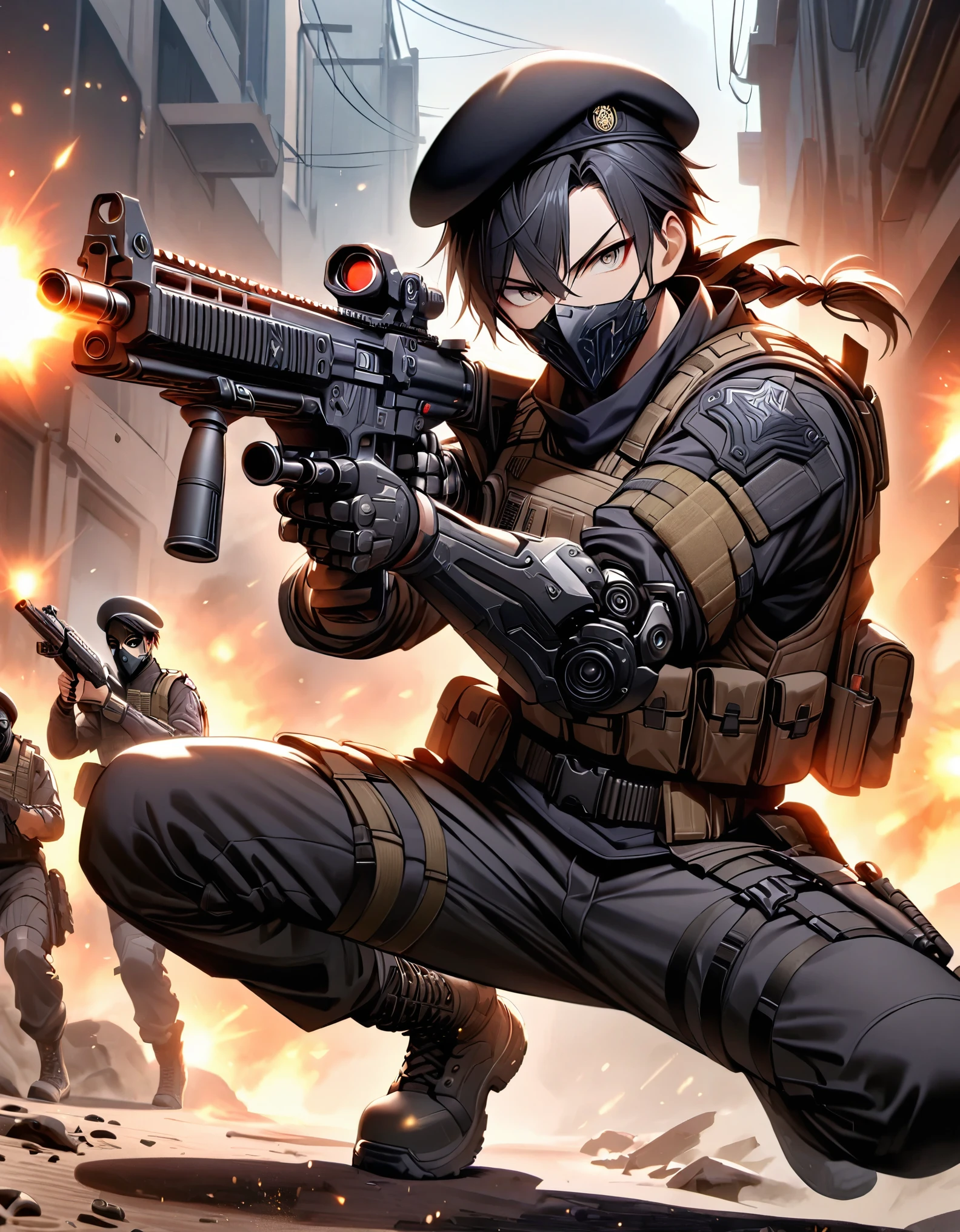 masterpiece, best quality, 1boy, male focus, age 23-29, japanese, belt, beret, black hair, medium hair, bottleneck bangs, braid, hazel eyes, gloves, gun, hat, mask, military, black tactical uniform, mouth mask, pants, combat boots, (mechanical, mechanical arm, right arm), assault rifle, solo, solo focus, black tactical mask, tactical vest, drop-down pistol holster, weapon, snowy war zone, serious, dynamic action pose, firing weapon, holding gun, aiming gun, firing gun, serious, danger atmosphere, full body with costume