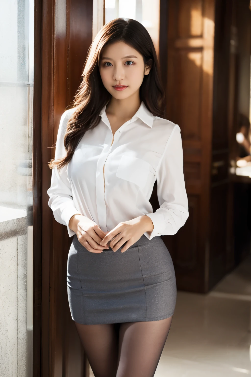 An elegant, upper-class, elite secretary in a business shirt, Working in the office、厳格なsuitを着ている, Wearing pantyhose、Wear high-quality high heels、 Girl in a shirt, suitを着ている, suitを着ている, suitを着て, Businesswoman, Business Wear, 黒のsuitを着ている, Wear a shirt and skirt, suitを着た女性, suit, ビジネスsuit, RAW Photos, (8k、highest quality、masterpiece:1.2)、(Intricate details:1.4)、(Photorealistic:1.4)、Octane Rendering、Highly detailed and intricate 3D rendering, Soft studio light, Rim Light, Crisp details, Super Detail, Realistic skin texture, Detailed aspect, Beautiful fine details, Highly detailed CG Unity 16k wallpaper, Compensate, (Detailed Background:1.2), Exposed thighs!!!,(Open Leg 1.5).Panties Pensive Lingerie), The blouse has a wide opening at the chest., Exposed Skin, Protruding nipples.