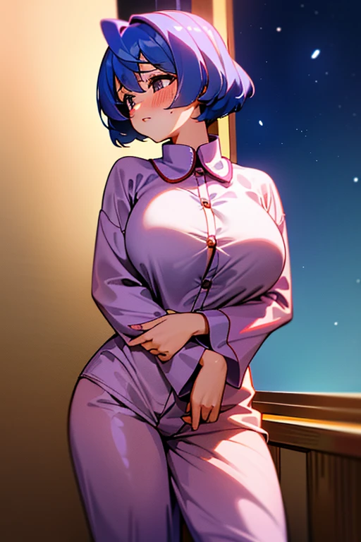 ((girl,  alone, Ako Amau,  Big Breasts, Flushed Cheeks, Bobcut, bobbed hair, Expose, Wearing pajamas, Nightwear, Clothes are open ))