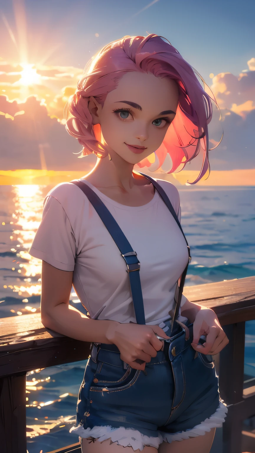 Shorts and suspenders, a tight-fitting T-shirt, pink hair, a beautiful woman with 8 heads, a bright morning sun in the background of the sea seen from the port, high image quality, high definition, masterpiece, artistic composition, smile, gentle face