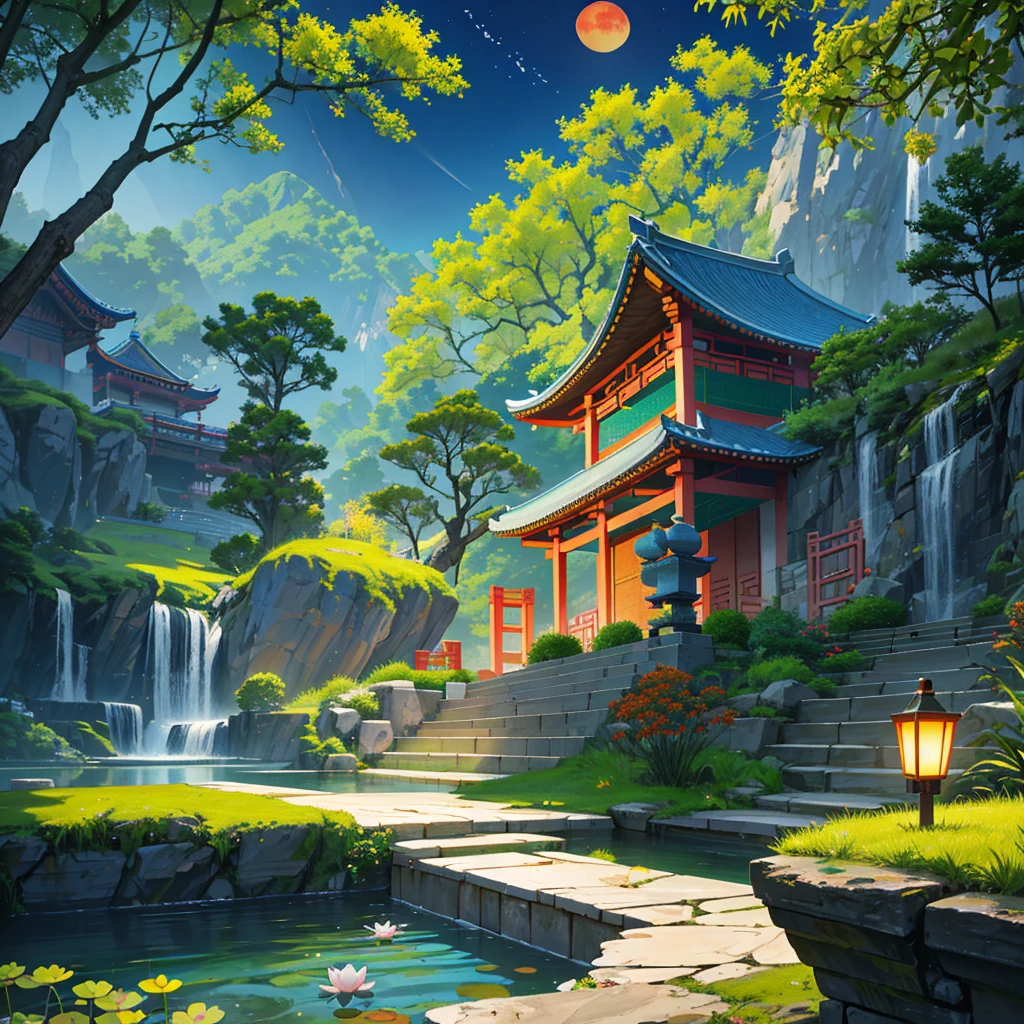 Ancient Chinese architecture, Cool colors, Night, moon, garden, bamboo, lake, Stone Bridge, rockery, arch, corner, Tree, Tap water, landscape, outdoor, Fall, Grass, rock, Pond lotus has dense teeth, (illustration: 1.0) , Epic creation, High-resolution details, masterpiece, best quality, (Very detailed CG Unity 8k wallpaper) - Chinese style