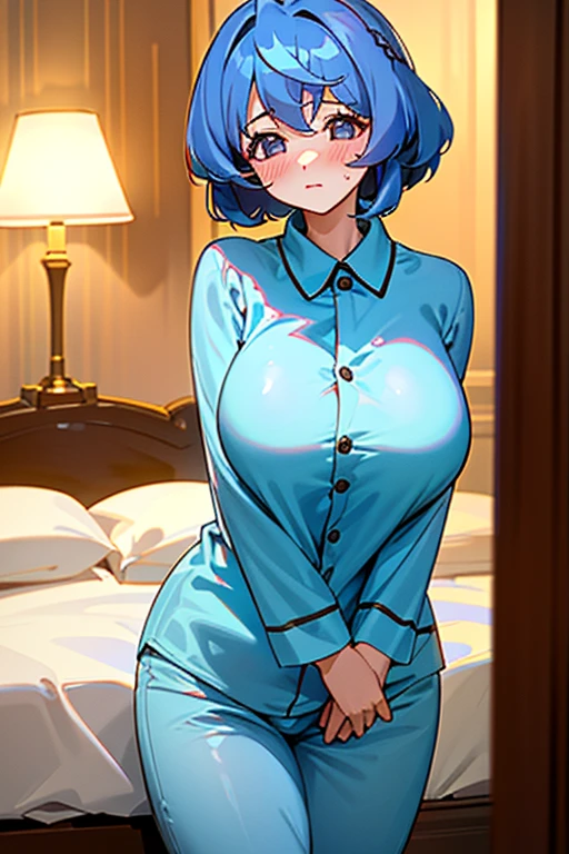 ((girl,  alone, Ako Amau,  Big Breasts, Flushed Cheeks, Bobcut, bobbed hair, Expose, Wearing pajamas, Nightwear, Clothes are open ))