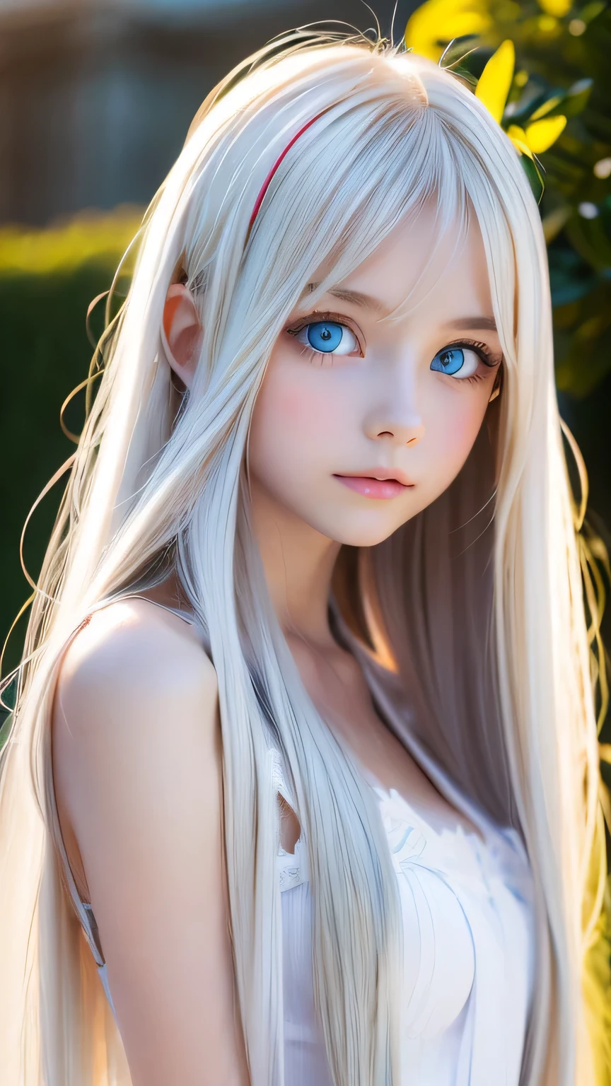 Very beautiful, bright, large light blue eyes、Very big eyes、Super long and beautiful platinum blonde hair、Super long straight hair、Silky Hair、long bangs over the eyes、Very beautiful face, Young and shiny white skin、Very beautiful appearance、Beautiful and cute face、Very beautiful 14 year old, Stylish Nordic blonde beauty、A little larger chest, Full Body, Pubic hair, Very cute、hair over eyes、hair over one eye、hair between eyes、Round face