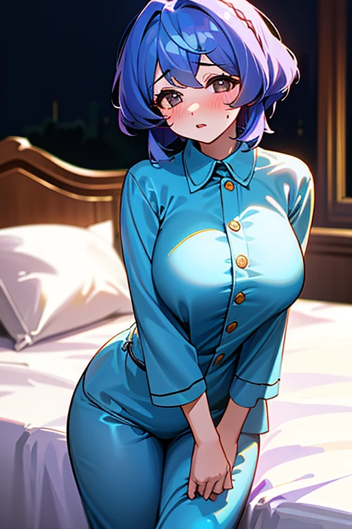 ((girl,  alone, Ako Amau,  Big Breasts, Flushed Cheeks, Bobcut, bobbed hair, Expose, Wearing pajamas, There is a big gap in the chest, Nightwear, Clothes are open ))