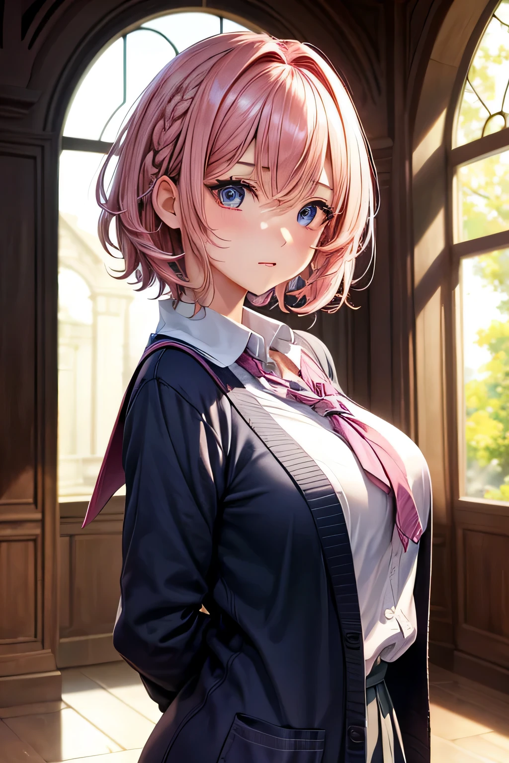masterpiece,best quality,ultra-detailed,high resolution,beautiful detailed eyes,(((pov))),1girl,(short hair:1.1),pink hair,(Side Braids:0.95),(hairs between eyes:1.3),shaggy hair,Indigo eye,(gigantic breasts:0.9),{school uniform, cardigan},(arched back:1.2),School building