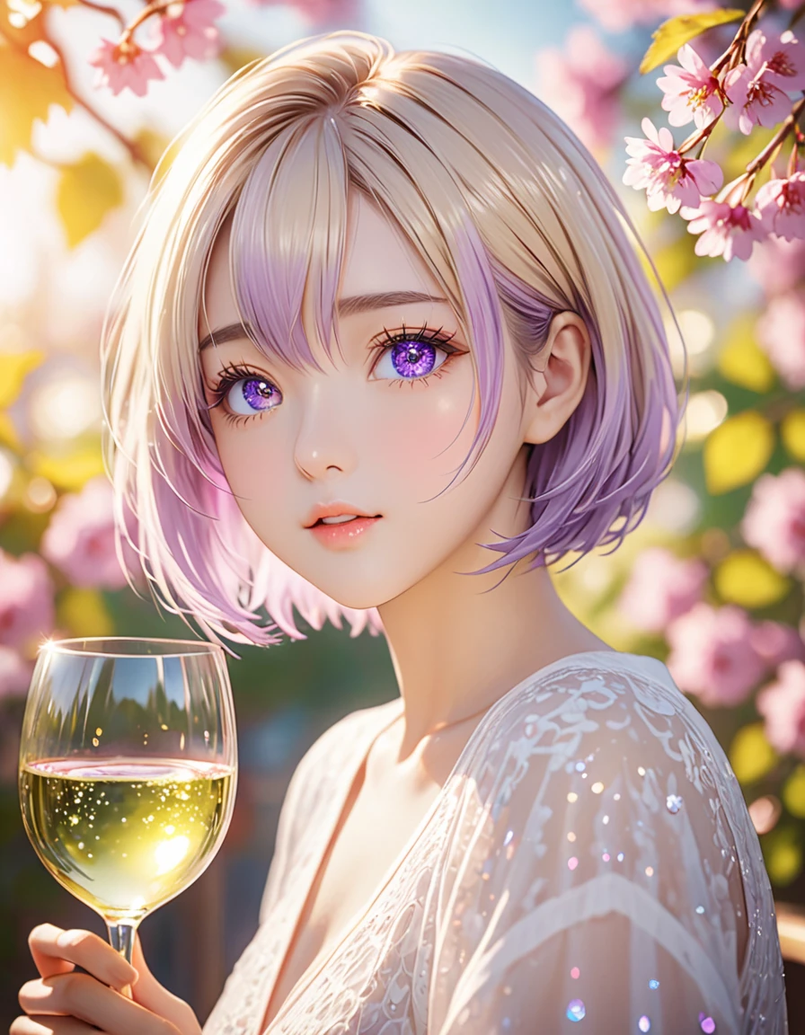 NSFW, (最高品質のHigh resolution:1.3),Absurd, High resolution, Super detailed,One girl,Short Layered Bob on One Side,((blonde:0,7) and (The inside color is light purple:0.3) hair), Deep purple clear eyes,((beautiful, Fine grain, Jewel-like eyes, Sparkling eyes:1.3)), photograph, Light, Bokeh, Foreground in focus, The background is out of focus, , 8k, Bokeh background,Spring mood, Lomography, (アナログphotograph):1.2, Vibrant colors, Soft Focus, Light leakage, Dreamy atmosphere, Experimental charm, Nostalgic charm,wine,受賞photograph,Golden Ratio,Perfect composition, (((in heat, aroused, wishful))), cum in mouth, ideal ratio body proportions