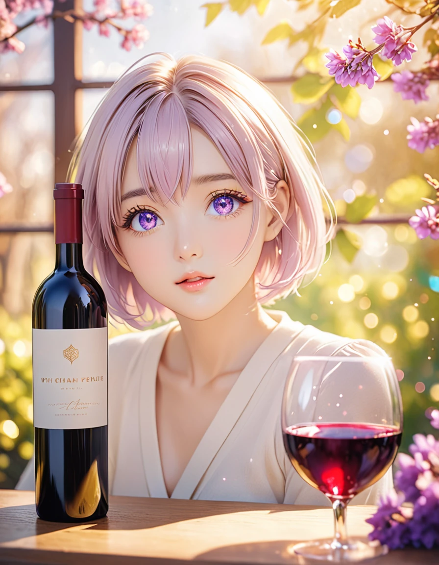 NSFW, (最高品質のHigh resolution:1.3),Absurd, High resolution, Super detailed,One girl,Short Layered Bob on One Side,((blonde:0,7) and (The inside color is light purple:0.3) hair), Deep purple clear eyes,((beautiful, Fine grain, Jewel-like eyes, Sparkling eyes:1.3)), photograph, Light, Bokeh, Foreground in focus, The background is out of focus, , 8k, Bokeh background,Spring mood, Lomography, (アナログphotograph):1.2, Vibrant colors, Soft Focus, Light leakage, Dreamy atmosphere, Experimental charm, Nostalgic charm,wine,受賞photograph,Golden Ratio,Perfect composition, (((in heat, aroused, wishful))), cum in mouth, ideal ratio body proportions