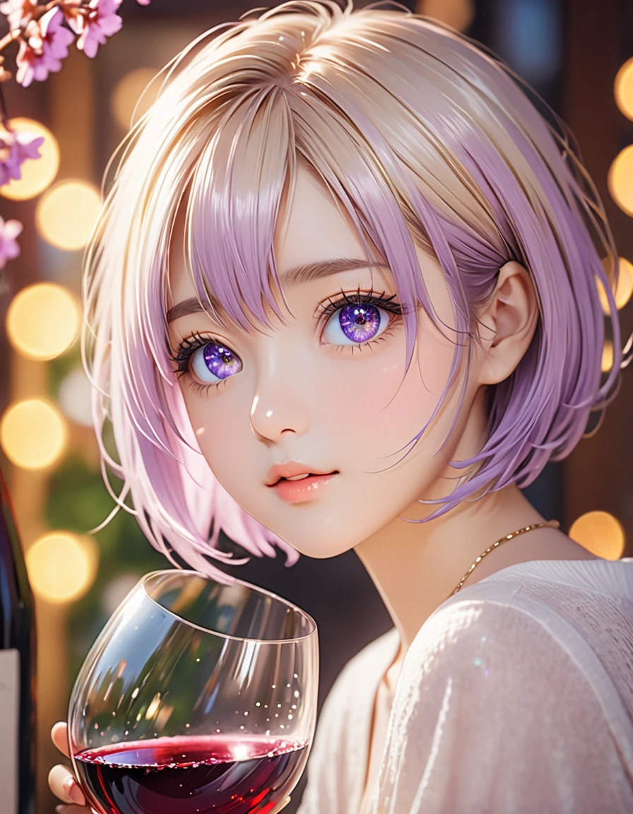 NSFW, (最高品質のHigh resolution:1.3),Absurd, High resolution, Super detailed,One girl,Short Layered Bob on One Side,((blonde:0,7) and (The inside color is light purple:0.3) hair), Deep purple clear eyes,((beautiful, Fine grain, Jewel-like eyes, Sparkling eyes:1.3)), photograph, Light, Bokeh, Foreground in focus, The background is out of focus, , 8k, Bokeh background,Spring mood, Lomography, (アナログphotograph):1.2, Vibrant colors, Soft Focus, Light leakage, Dreamy atmosphere, Experimental charm, Nostalgic charm,wine,受賞photograph,Golden Ratio,Perfect composition, (((in heat, aroused, wishful))), cum in mouth, ideal ratio body proportions
