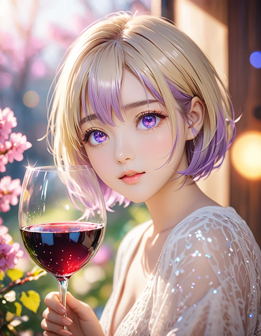 NSFW, (最高品質のHigh resolution:1.3),Absurd, High resolution, Super detailed,One girl,Short Layered Bob on One Side,((blonde:0,7) and (The inside color is light purple:0.3) hair), Deep purple clear eyes,((beautiful, Fine grain, Jewel-like eyes, Sparkling eyes:1.3)), photograph, Light, Bokeh, Foreground in focus, The background is out of focus, , 8k, Bokeh background,Spring mood, Lomography, (アナログphotograph):1.2, Vibrant colors, Soft Focus, Light leakage, Dreamy atmosphere, Experimental charm, Nostalgic charm,wine,受賞photograph,Golden Ratio,Perfect composition, (((in heat, aroused, wishful))), cum in mouth, ideal ratio body proportions