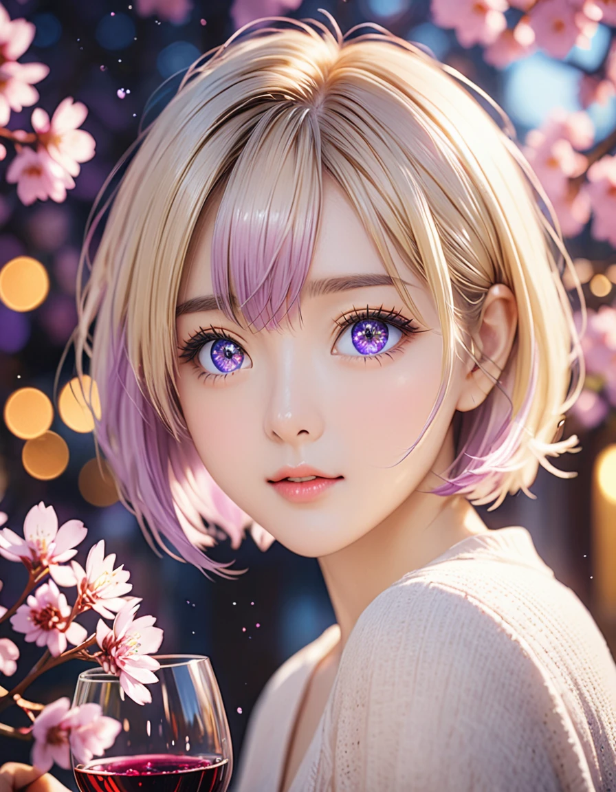 (最高品質のHigh resolution:1.3),Absurd, High resolution, Super detailed,One girl,Short Layered Bob on One Side,((blonde:0,7) and (The inside color is light purple:0.3) hair), Deep purple clear eyes,((beautiful, Fine grain, Jewel-like eyes, Sparkling eyes:1.3)), photograph, Light, Bokeh, Foreground in focus, The background is out of focus, , 8k, Bokeh background,Spring mood, Lomography, (アナログphotograph):1.2, Vibrant colors, Soft Focus, Light leakage, Dreamy atmosphere, Experimental charm, Nostalgic charm,wine,受賞photograph,Golden Ratio,Perfect composition