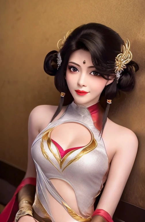 Sexy woman, Black hair tied into a bun, smoky eyes, Eyeliner, blush, The fairest skin, Plump face, soft lips, blouse detailed with gold, White saree with gold border, Nailed to the wall,Breast sagging and cleavage showing