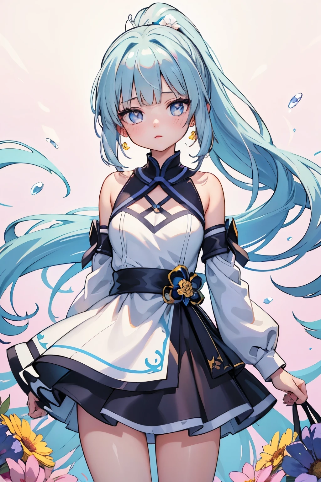 (masterpiece), (best quality), (ultra detailed),(disheveled hair),(illustration), (1girl), (Fashionable clothing), standing, Fashion model, looking at viewer, (interview), (simple background),beautiful detailed eyes, delicate beautiful face, Floating,(high saturation),(colorful splashes),colorful bubble,(shining), focus on face, ponytail, kamisato ayaka, light blue hair, bangs, hair ring, floating flowers, floating hairs, (shining), best lighting, best shadow,