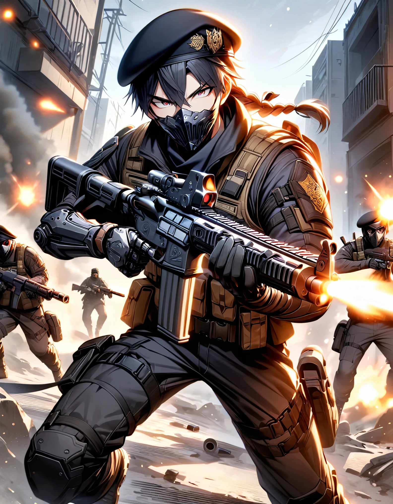 masterpiece, best quality, 1boy, male focus, age 23-29, japanese, belt, beret, black hair, medium hair, bottleneck bangs, braid, hazel eyes, gloves, gun, hat, mask, military, black tactical uniform, mouth mask, pants, combat boots, (mechanical, mechanical arm, right arm), assault rifle, solo, solo focus, black tactical mask, tactical vest, drop-down pistol holster, weapon, snowy war zone, serious, dynamic action pose, firing weapon, holding gun, aiming gun, firing gun, serious, danger atmosphere, full body with costume