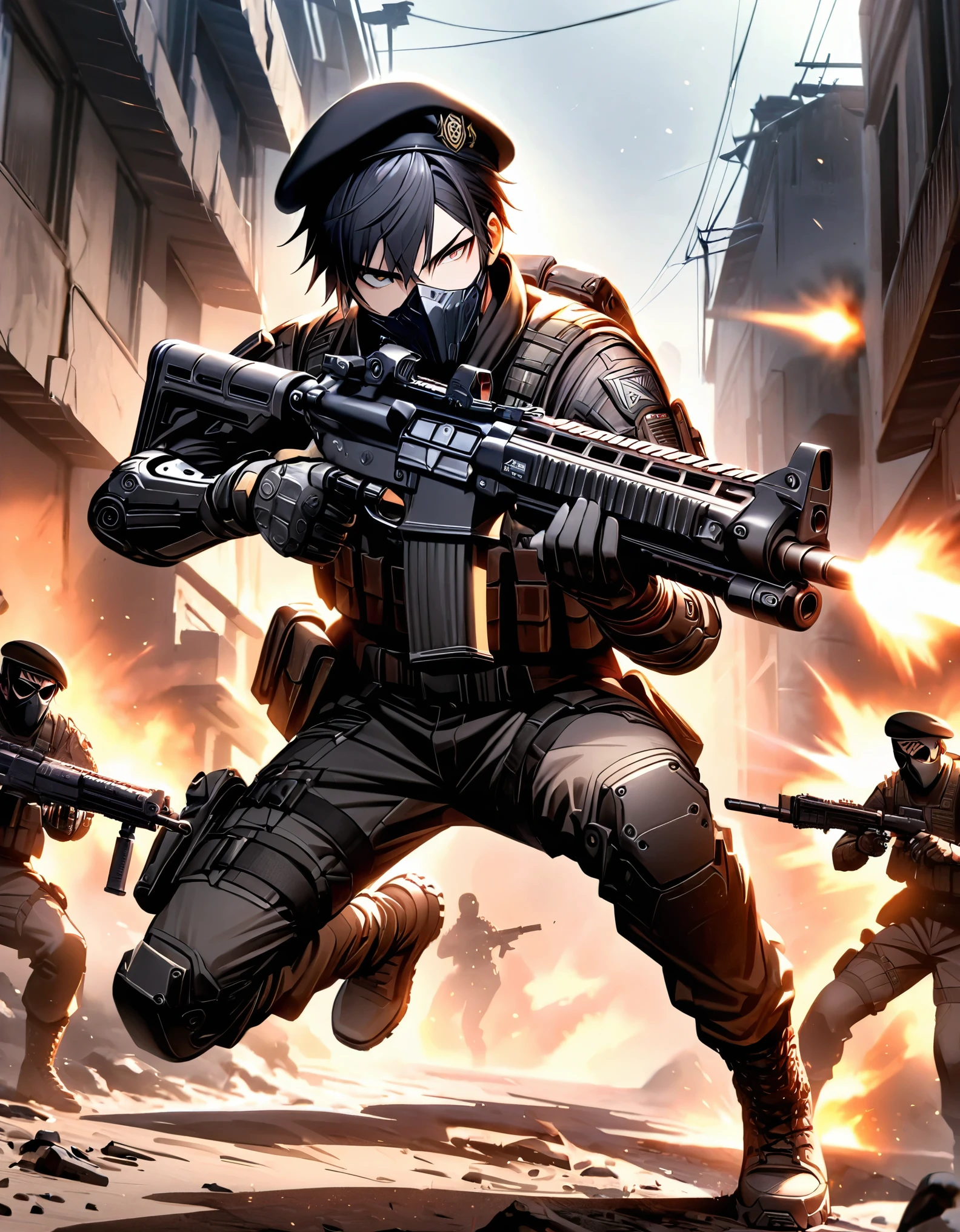 masterpiece, best quality, 1boy, male focus, age 23-29, japanese, belt, beret, black hair, medium hair, bottleneck bangs, braid, hazel eyes, gloves, gun, hat, mask, military, black tactical uniform, mouth mask, pants, combat boots, (mechanical, mechanical arm, right arm), assault rifle, solo, solo focus, black tactical mask, tactical vest, drop-down pistol holster, weapon, snowy war zone, serious, dynamic action pose, firing weapon, holding gun, aiming gun, firing gun, serious, danger atmosphere, full body with costume