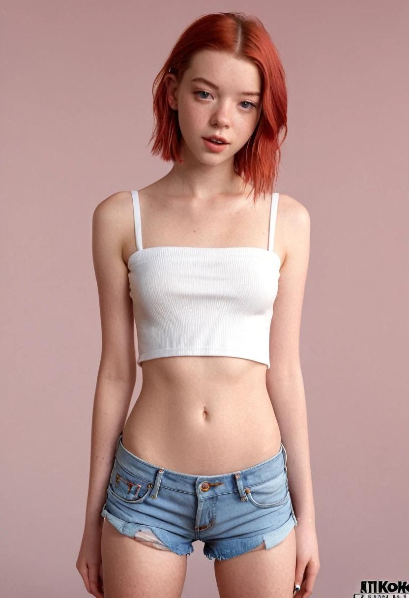 Full body view】 piercings and tattoos, red head, post-coital, semen dripping down thigh, High schooler, anya taylor joy with a flat chest, very , 18 years old, very horny, very small breasts, a cup breasts, ana saia from tiktok, freckles, wearing cut-off jean shorts that are very shor, photorealistic european girl render, ultra realistic, small breasts, tiny breasts, delicate soft hazy lighting, semi - realistic render, realistic shaded average body, beautiful skinny girl, smooth red skin, smooth pink skin, ig model | artgerm