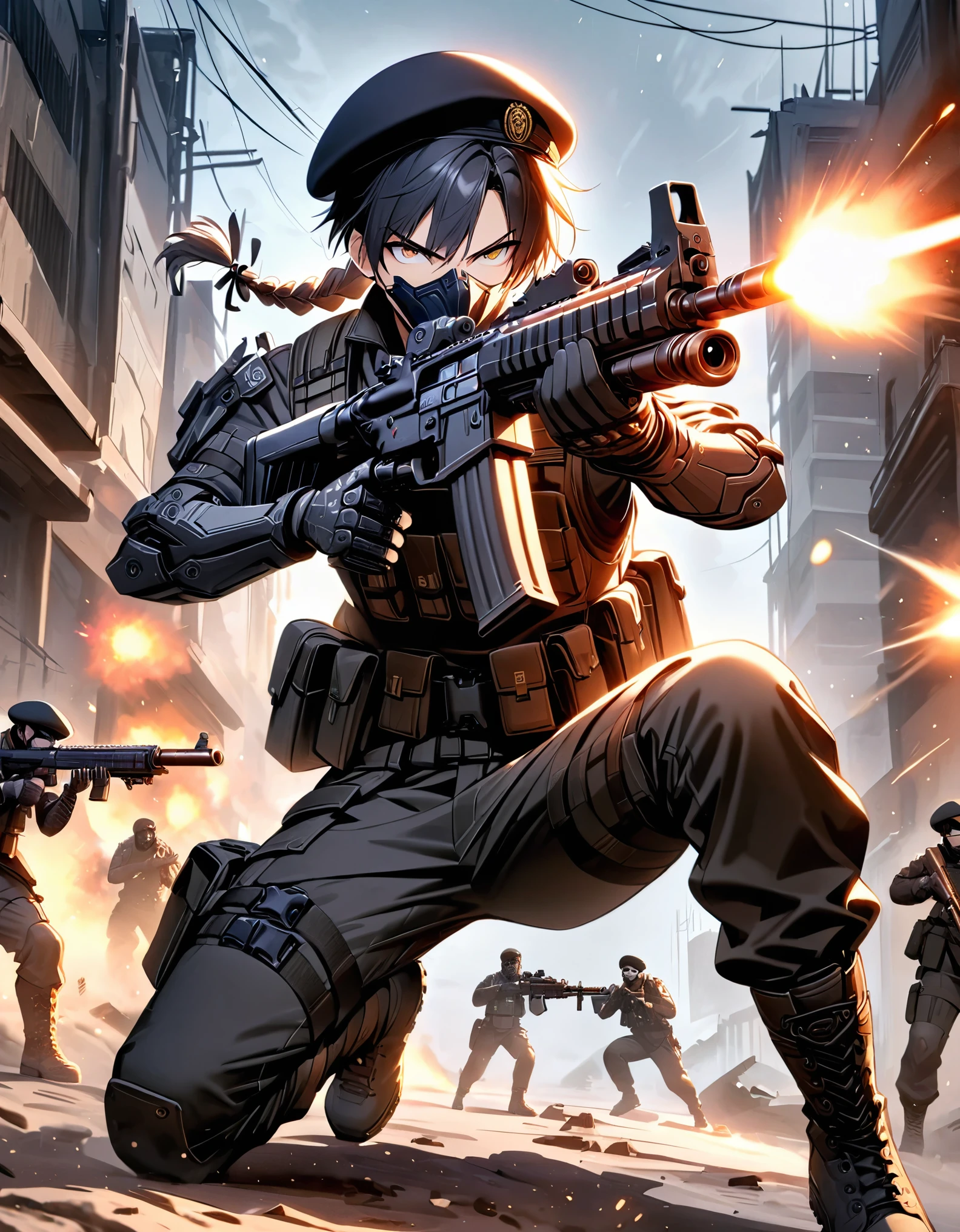 masterpiece, best quality, 1boy, male focus, age 23-29, japanese, belt, beret, black hair, medium hair, bottleneck bangs, braid, hazel eyes, gloves, gun, hat, mask, military, black tactical uniform, mouth mask, pants, combat boots, (mechanical, mechanical arm, right arm), assault rifle, solo, solo focus, black tactical mask, tactical vest, drop-down pistol holster, weapon, snowy war zone, serious, dynamic action pose, firing weapon, holding gun, aiming gun, firing gun, serious, danger atmosphere, full body with costume