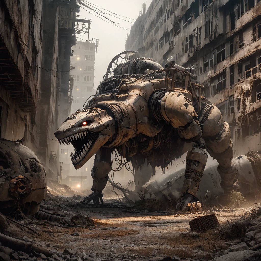 (best quality, highres, ultra-detailed:1.2),(extreme complexity)(multiple subjects) (realistic, photorealistic:1.37), (subject 1: a few humanoid mutants (inspired by random animals), wasteland piecemeal outfits, mutated features, sharp teeth, glowing eyes, various animal characteristics, tattered clothing, rusty metal,), scavenging from sci fi wreckage in wasteland surroundings, post-apocalyptic atmosphere, cracked bones, decaying machinery, abandoned buildings, dusty landscape, toxic air, eerie lighting, somber color palette, gritty texture