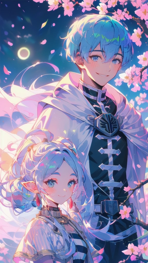 masterpiece, best quality, highres, 1girl frieren, white capelet striped shirt dress, 1boy himmel, (cherry blossoms, cherry blossom, midnight, moon:1.1), (boy is smile:1.4),(boy looking at girl:1.3),(girl looking away:1.3), (girl is expressionless:1.2)