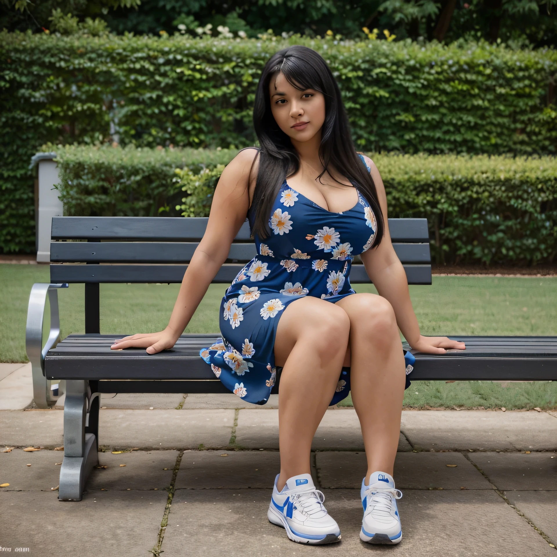 woman, black hair, sitting on a bench, legs crossed, blue flowered dress, black tennis shoes, large bust, wide hips, thick legs, looking at the camera, looking at the viewer