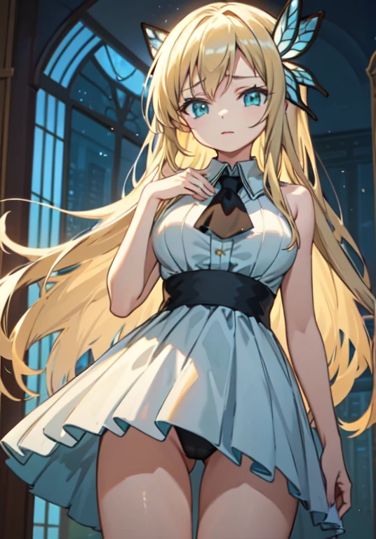 masterpiece,highest quality,Super detailed,8k,
bloom,high contrast,Realistic Skin,Glowing Skin,cute、
（kashiwazaki sena, butterfly_hair_ornament, blonde_hair, long hair, aqua eyes, large breasts,）、
（Soft and fluffy bed）、（Supine position：1.3）、（Open your crotch wide to the left and right：1.3）、（from directly below：1.4）、from front