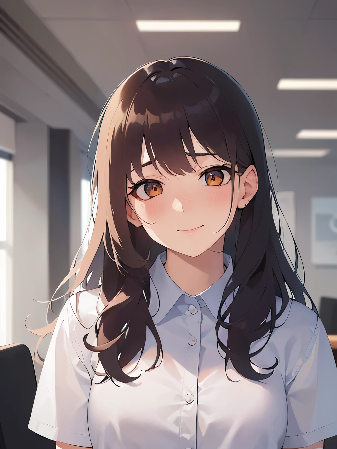 head tilt、Upper Body, Realistic, real person, (pale skin: 1.2), RAW photo, photorealistic, portrait photography, shiny skin, shiny hair、(A 25-year-old woman with medium-length hair and bangs) and (wavy hair) and (brown hair) and (orange eyes) ,(white collared shirt), (embarrassed:1.4), smile, The background is an office conference room、Alone、Are standing