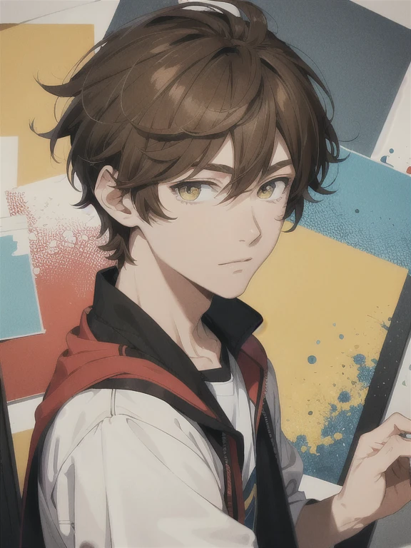 illustration style, atractive boy, yellow eyes, handsome,messy,brown hair,curious expression,high school student, clothes,colorful