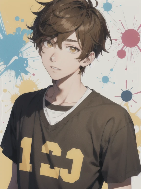 illustration style, atractive boy, yellow eyes, handsome,messy,brown hair,curious expression,high school student, clothes,colorful