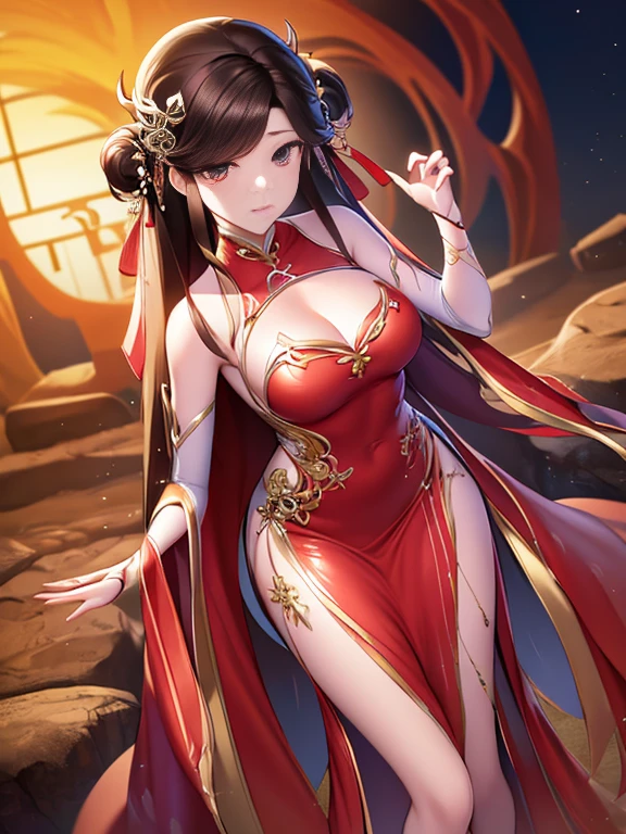 (8k, RAW photos, best quality, masterpiece: 1.2), (Practical, Practical: 1.37), 1 female, An Alfie woman wearing a red dress and headdress poses for a photo., Gorgeous role-playing,Multiple gestures, Beautiful clothing, Intricate fantasy series, Beautiful fantasy queen, cheongsam, Complex Dress, Complex clothing, Traditional Beauty, The most beautiful Chinese models, cheongsam,Front opening, Extra large breasts, Clear cleavage.,Beautiful belly button, Inspiration from my granddaughter, put on fancy clothes., Inspiration from PwC, Wearing an elegant Chinese short-sleeved Xiuhe dress., Chinese short wedding dress, Phoenix wearing a summer crown'hand., bride