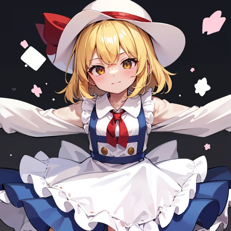 masterpiece, best quality, 1 girl, , , , white hat, red ribbon, middle blonde hair, golden eyes, short puffy sleeves, white clothes, white apron, red ribbon tie, blue skirt, blue ruffles, collarbone, gentle smile, Kana Anaberal, Poltergeist, pinafore, from behind, to lift up one’s skirt, cowboy shot, from front, standing , raise one leg, crossed arms, arms up behind, arms behind back, hand between legs, put hands hip, one hand on hip, forward hands, arms raised in the air, punch hands, peace_sign, waving, put up index finger, sit, lie down, closed eyes, lie face down, looking back, put one hand chest, leaning forward,cleavage,close up, horizontally outstretched arms, horizontally outstretched legs, front view, front face