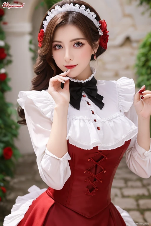 Mujer, hermosa, cabello blanco, crimson red eyes with red wine red pupil, dos colitas de caballo, crimson red dress like a maid, falda con voladillos, detalles en negro y blanco, mirada seductora, pose seductora, medias blancas hasta la mitad de los muslos, zapaticos rojos
