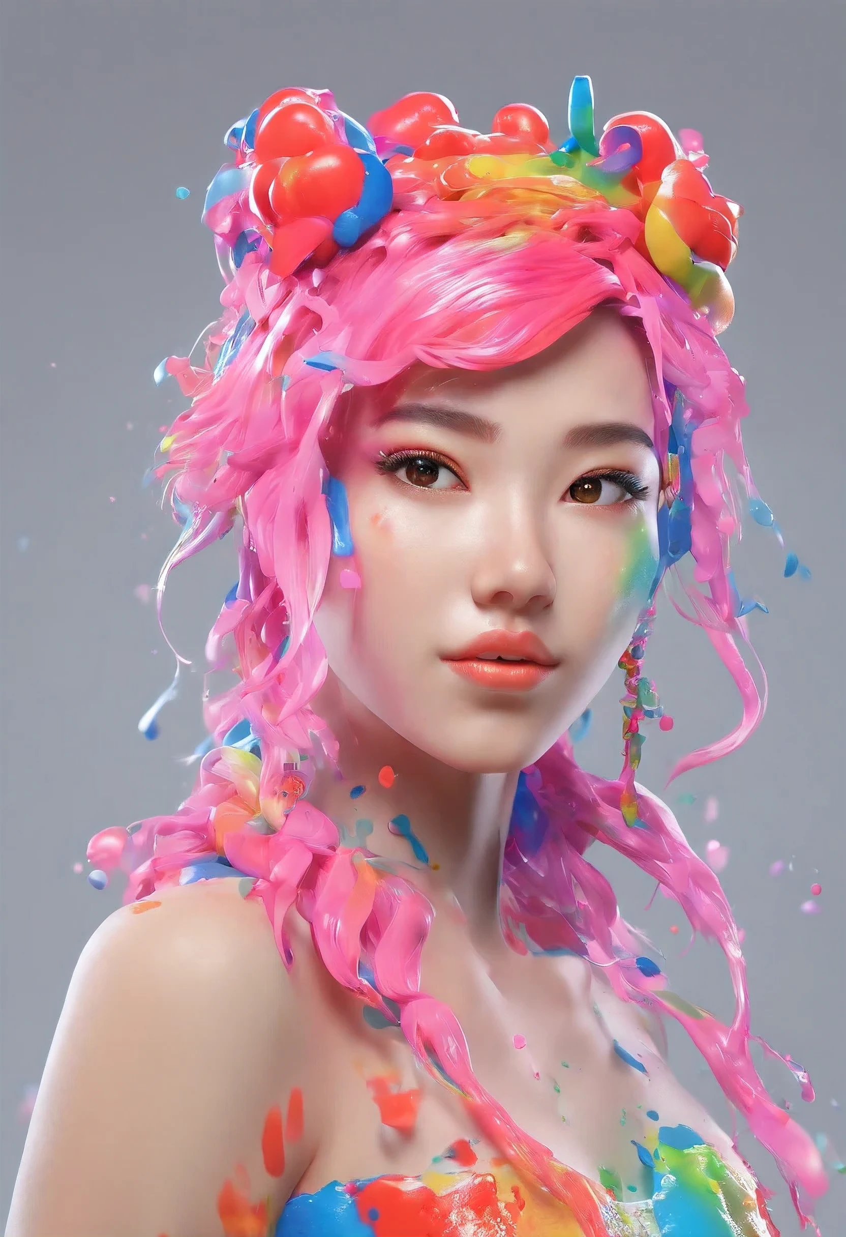 (masterpiece, highest quality, High resolution), White Background, ((Paint Splash, Color Splash, Ink splash, Color Splash)), Kind Chinese girl, Rainbow Hair, Pink Lips, front, Upper Body