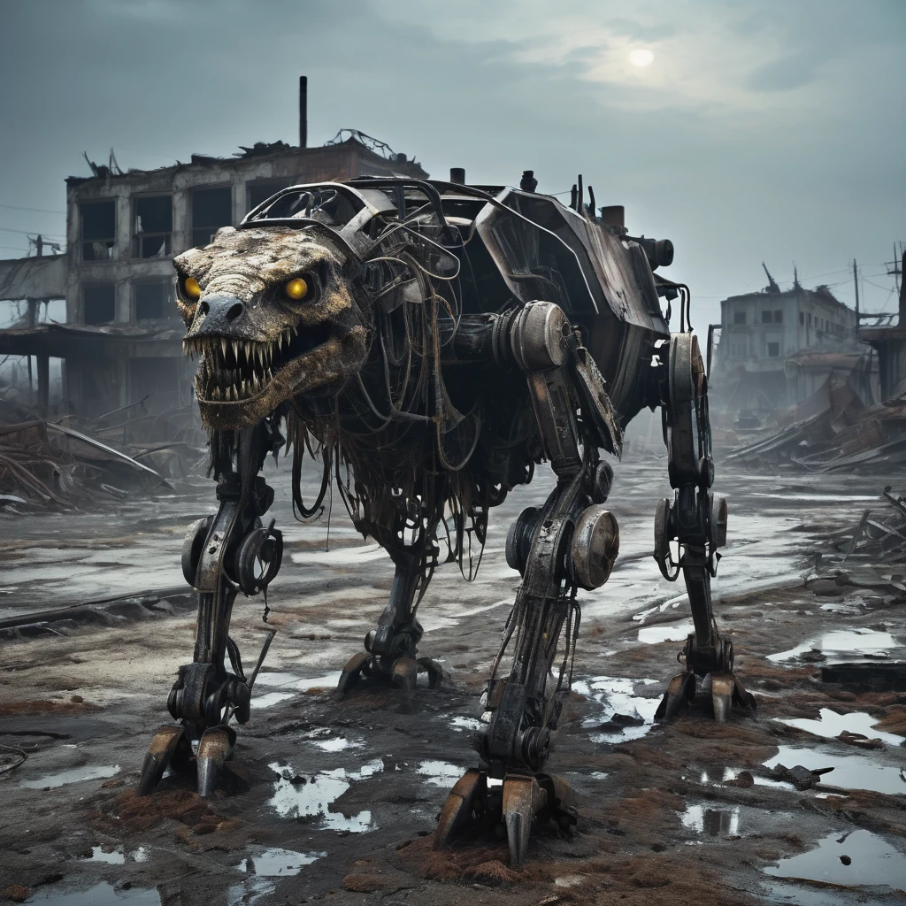 (best quality, highres, ultra-detailed:1.2),(extreme complexity)(multiple subjects) (realistic, photorealistic:1.37), (subject 1: a few humanoid mutants (inspired by random animals), wasteland piecemeal outfits, mutated features, sharp teeth, glowing eyes, various animal characteristics, tattered clothing, rusty metal,), scavenging from sci fi wreckage in wasteland surroundings, post-apocalyptic atmosphere, cracked bones, decaying machinery, abandoned buildings, dusty landscape, toxic air, eerie lighting, somber color palette, gritty texture