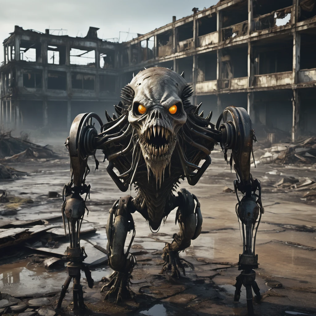 (best quality, highres, ultra-detailed:1.2),(extreme complexity)(multiple subjects) (realistic, photorealistic:1.37), (subject 1: a few humanoid mutants (inspired by random animals), wasteland piecemeal outfits, mutated features, sharp teeth, glowing eyes, various animal characteristics, tattered clothing, rusty metal,), scavenging from sci fi wreckage in wasteland surroundings, post-apocalyptic atmosphere, cracked bones, decaying machinery, abandoned buildings, dusty landscape, toxic air, eerie lighting, somber color palette, gritty texture