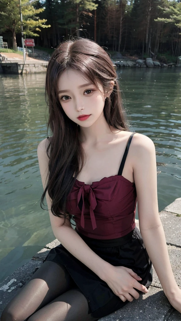 Real person photos,Chinese beauty with long straight reddish brown hair, masterpiece, best quality, extremely delicate and beautiful,high resolution, absurderes, Optimal proportions of four fingers and one thumb, in the lake with trees,sitting,  highly detailed beautiful face, Cute, shy,blush, dynamic angle, from above,looking at viewer, wearing Tulle Overlay Camisole dress and black pantyhose