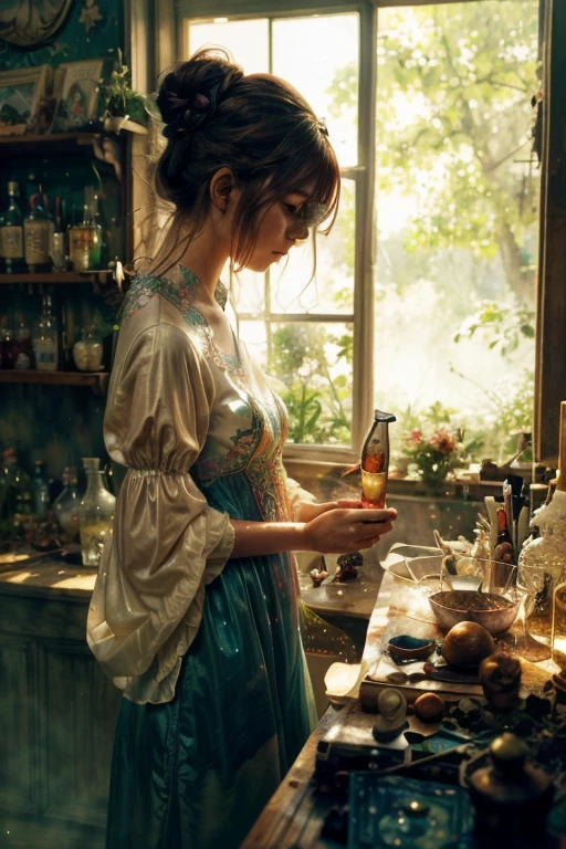 a painting of a woman in a dress blowing bubbles, loish and wlop, ethereal bubbles, moebius + loish + wlop, dreamy and detailed, intricate wlop, closeup fantasy with water magic, fairytale artwork, fairytale painting, in style of anna dittmann, wlop art, realistic fantasy painting, artgerm julie bell beeple