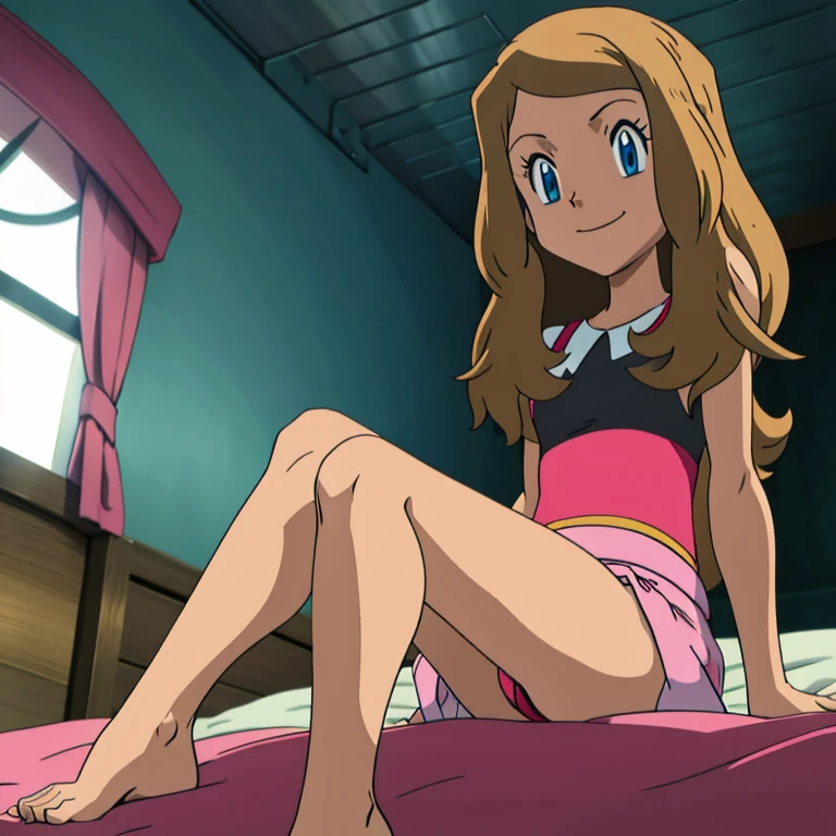 masterpiece, best quality, highres, in her room, 1girl, solo, serena (pokemon), underwear, looking at viewer, bare legs and feet, legs curled up under, seated on the bed, smiling.