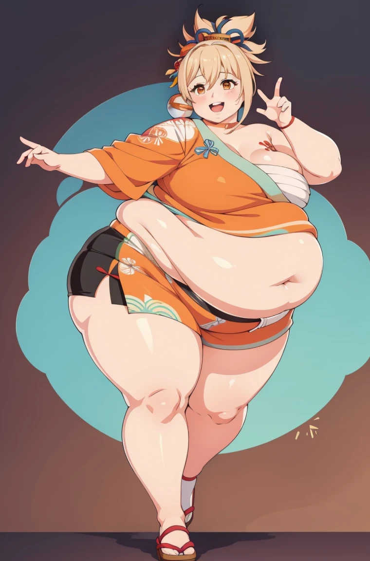 chubby, chubby belly, cute, pretty, parted lips, upper teeth, excited, high quality, 1girl, solo, smiling, joyful, Yoimiya, japanese orange clothing, zoomed out:1.1, full body:1.1, entire body:1.1, (full body), detailed hands, short, straight hands, happy pose,