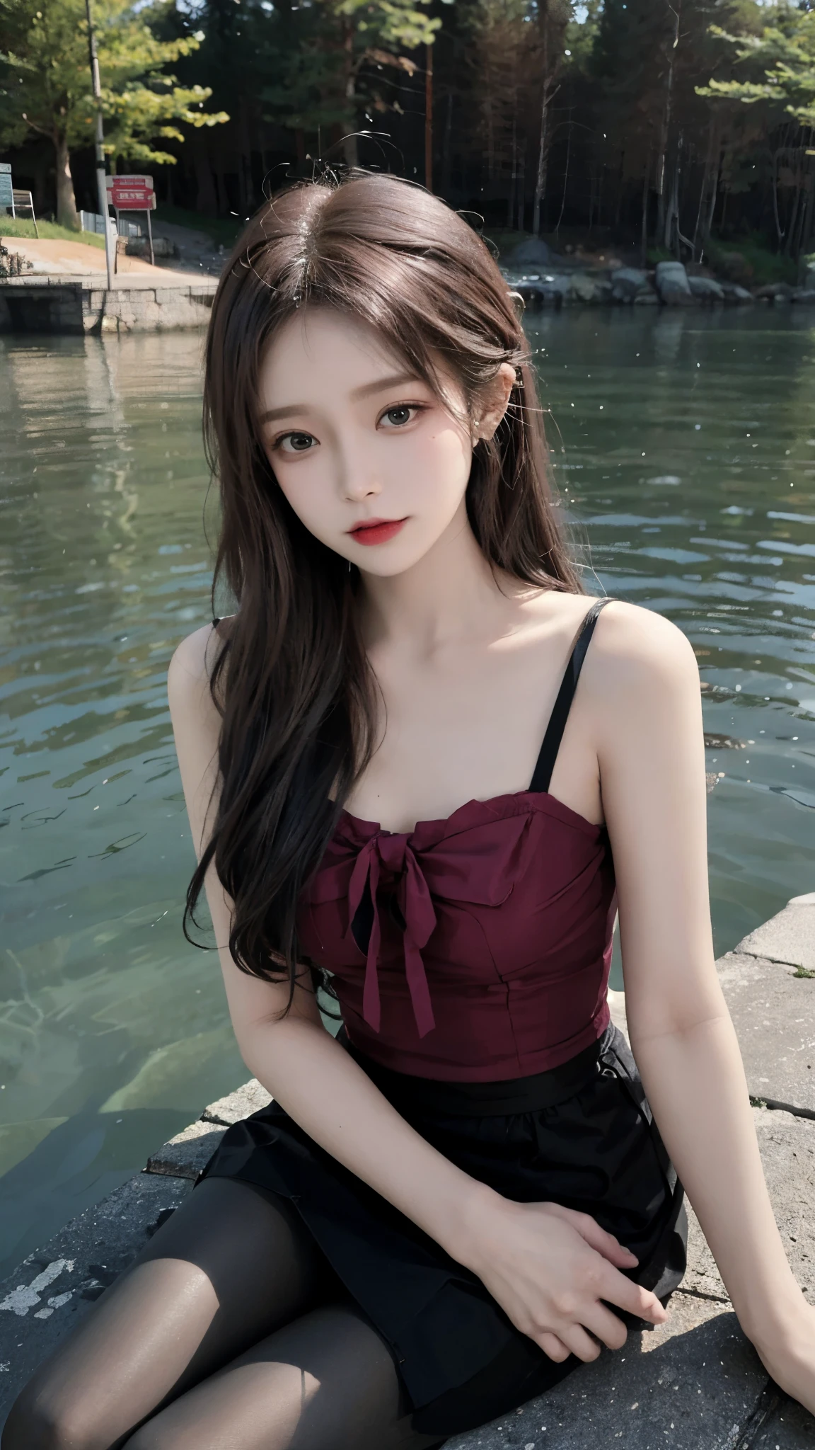 Real person photos,Chinese beauty with long straight reddish brown hair, masterpiece, best quality, extremely delicate and beautiful,high resolution, absurderes, Optimal proportions of four fingers and one thumb, in the lake with trees,sitting, highly detailed beautiful face, Cute, shy,blush, dynamic angle, from above,looking at viewer, wearing Tulle Overlay Camisole dress and black pantyhose
